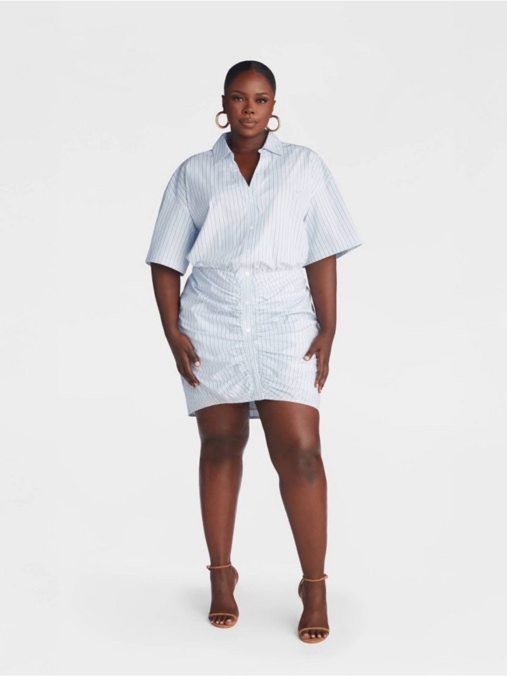 KBB by KAHLANA Women's Short Sleeve 'The Ruched Shirt Dress'Blue/White Striped